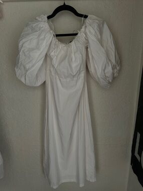 Lulu's White Puff-Sleeve Midi Dress with Gathered Neckline